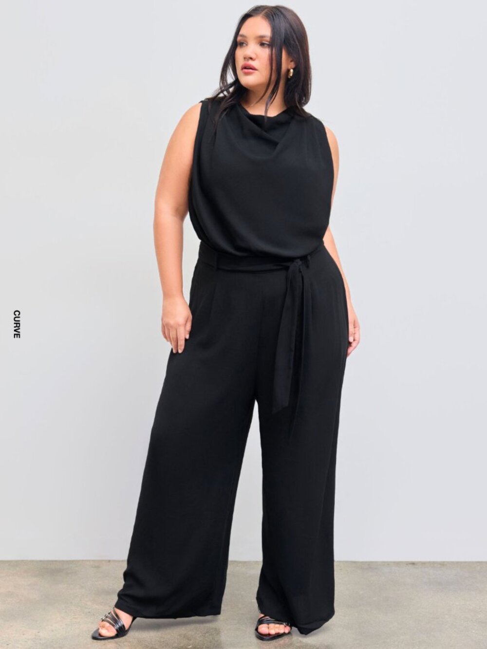 Cider Ruched Cowl Neck Belted Wide Leg Jumpsuit Black 1XL (16-18)